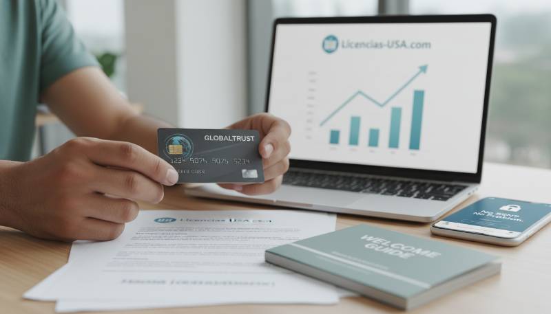Las 7 Mejores Cuentas Bancarias para Inmigrantes sin SSN en 2026 1 Persona sosteniendo una tarjeta de crédito o débito con un portátil mostrando el sitio web Licencias-USA.com y un gráfico de crecimiento en el fondo, simbolizando confianza y éxito financiero para inmigrantes sin SSN.