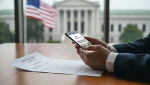 Cita en Corte por Manejar sin Licencia en USA 2026: Guía de Defensa y Multas 3 Persona en traje consultando su smartphone con el sitio web Licencias-USA.com abierto, mostrando una citación judicial de tráfico sobre la mesa con el Capitolio de fondo y la bandera de EE. UU., evocando profesionalismo y confianza.